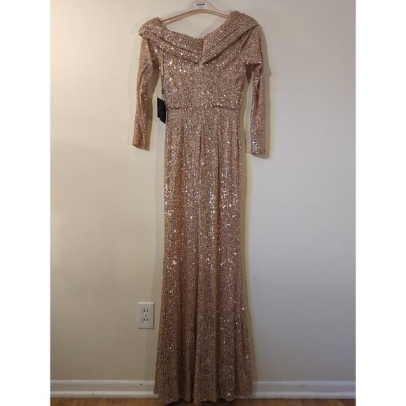 NWT Mac Duggal Sz 0 Rose Gold Sequined Drop Shoulder Long Sleeve Jumpsuit - Picture 5 of 6